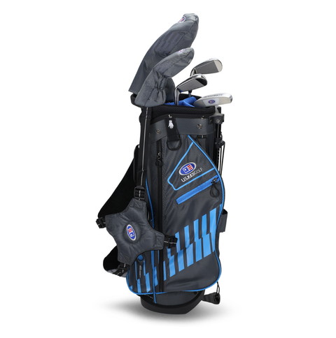The US Kids UL54 Junior Golf Package Set includes a blue and black bag with several junior golf clubs, some with headcovers, plus a convenient shoulder strap.