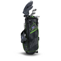The US Kids UL57 Junior Golf Package Set, a left handed set from US Kids, features a black and green design with multiple clubs, attached golf gloves, and a headcover on one club.