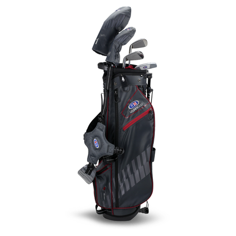 The US Kids UL60 Junior Golf Package Set by US Kids features a black and red stand bag with multiple zippered pockets, a shoulder strap, and several junior golf clubs—some equipped with protective covers. Perfect for young golfers.