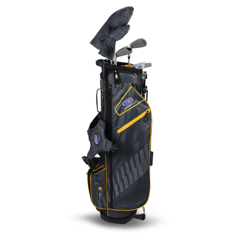 The US Kids UL63 Junior Golf Package Set by US Kids features a black and yellow stand bag with zippered pockets, a shoulder strap, and multiple junior golf clubs with protective covers—ideal for young golfers.