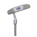 Side view of a US Kids Ultralight putter showcasing the silver putter head, a smooth face, and a white badge with a blue and red logo at the back of the clubhead.