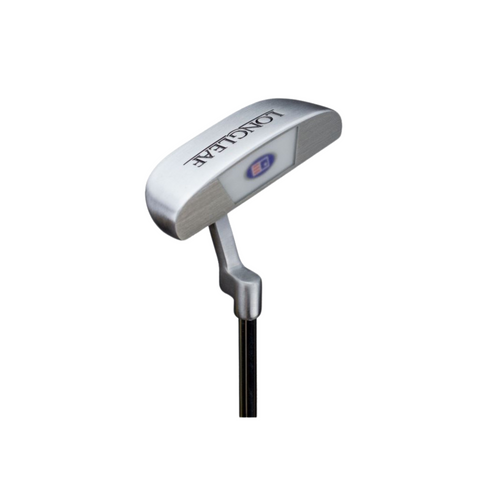 Side view of a US Kids Putter with a silver finish. The word "Longleaf" is etched on the top of the putter head, with a small logo near the centre.