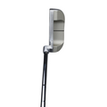 Top view of a US Kids Ultralight putter showing the silver putter head with a black alignment line across the middle. The face is slightly grooved for precision.