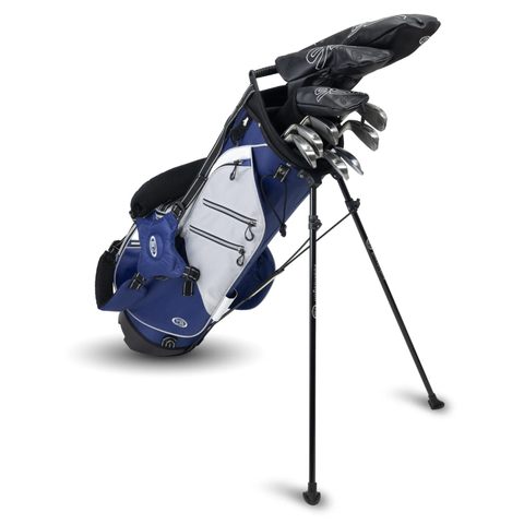U.S. Kids TS6-60 10 Club Stand Golf Set in Blue/White, angled view with stand legs extended