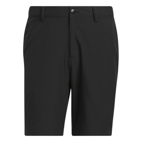 The Adidas Ultimate365 8.5-Inch Men's Golf Shorts in black, featuring a clean design with front pockets, belt loops, and a button closure.