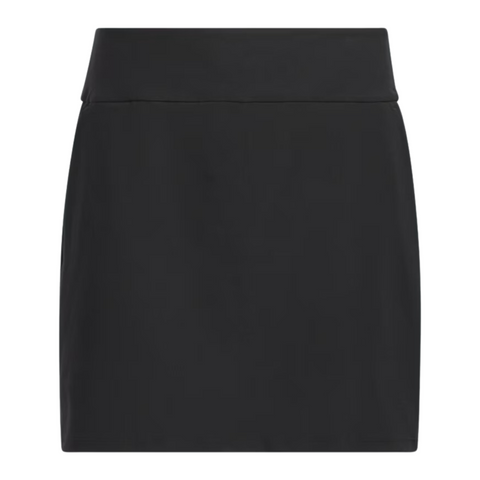 Front view of the black Adidas Ultimate365 Solid Women's Skort, featuring a simple design with a wide waistband. The skort has a clean, smooth appearance with no visible detailing or pockets.