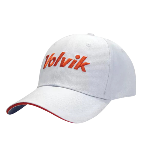 The Volvik Cap | White/Orange combines comfort and style with its white design, orange Volvik embroidery on the front, a red-lined brim, and blue detail underneath—a vibrant sports hat from Volvik.