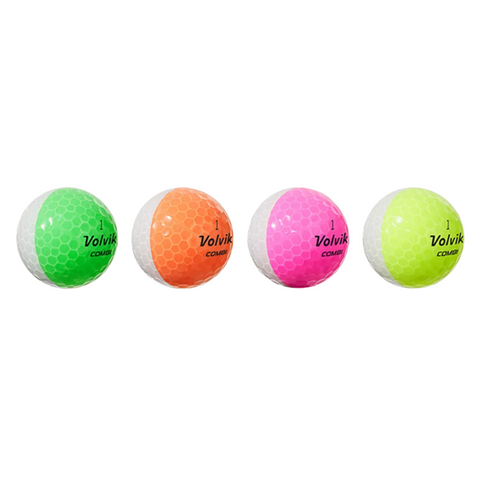 Four Volvik Crystal Combi Golf Balls are lined up, each with a soft feel and vivid dual colors: green/white, orange/white, pink/white, and yellow/white. The Volvik brand name and number appear on every ball.