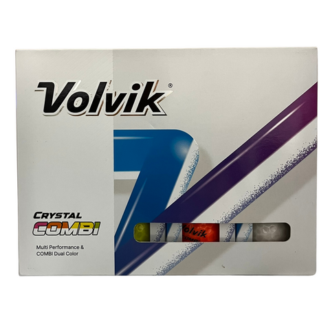 A box of Volvik Crystal Combi Golf Balls by Volvik features a white design, bold logo, and window showing dual color balls. Text highlights Multi Performance and COMBI Dual Color for a soft feel.