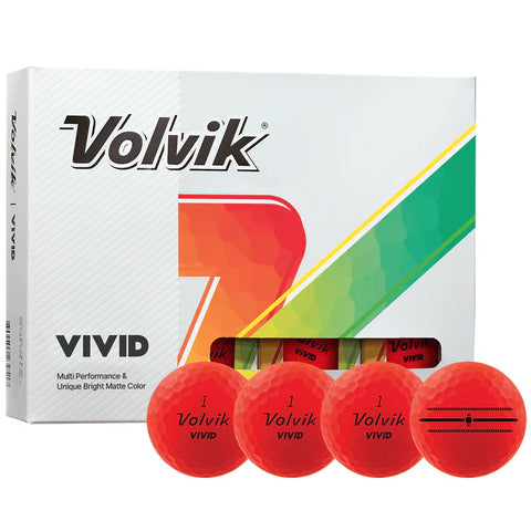 A box of Volvik Vivid Matte Golf Balls - Red by Volvik features four bright red balls, each marked Volvik 1 Vivid, with one ball showing alignment lines and a colorful geometric package design.