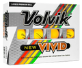 A box of Volvik Vivid Matte Golf Balls | Yellow displays four high-visibility yellow balls through clear windows, with bold Volvik branding on white packaging accented by colorful stripes.