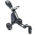 The Walkinshaw Swivel 4.0 Push Trundler | Black by Walkinshaw is a sturdy, three-wheeled golf trundler with a handle and storage pouch, designed to easily carry your golf bag and equipment on the course.