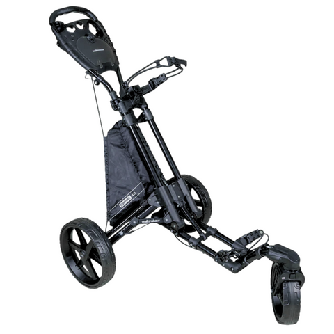 The Walkinshaw Swivel 4.0 Push Trundler | Black by Walkinshaw is a sturdy, three-wheeled golf trundler with a handle and storage pouch, designed to easily carry your golf bag and equipment on the course.