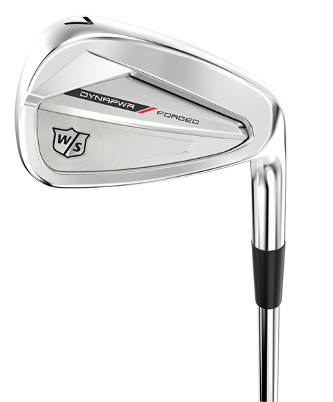 A close-up of the Wilson Dynapwr Forged Irons | 4-PW by Wilson, featuring the Dynapwr Forged label and Wilson Staff logo on a premium forged clubhead, displayed against a white background.