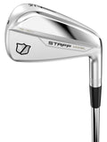 A close-up of the Wilson 2024 Men's Staff Model Utility Iron, featuring a metallic finish, black grip, and shield logo—an impressive Wilson utility iron designed for tour-inspired golfers.