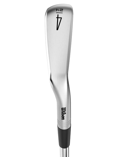 The Wilson 2024 Men's Staff Model Utility Iron is shown upright, featuring the brand on the hosel and the number 4 on its polished clubhead, highlighting this tour-inspired silver golf club.