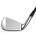 A close-up of the Wilson 2024 Men's Staff Model Utility Iron from Wilson, highlighting its grooved face, shiny metal hosel, and black shaft set against a white background.