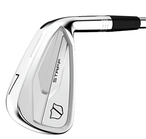 A close-up of the Wilson 2024 Staff Model CB Irons Set (4-PW) displays the silver club head labeled STAFF and FORGED, a shield logo, and the number 7, highlighting precision forged design against a white background.
