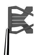 The Wilson 2024 Women's Infinite Buckingham Putter by Wilson features a modern black geometric design with cutouts, shown from above at an angle and attached to a shiny metallic shaft.