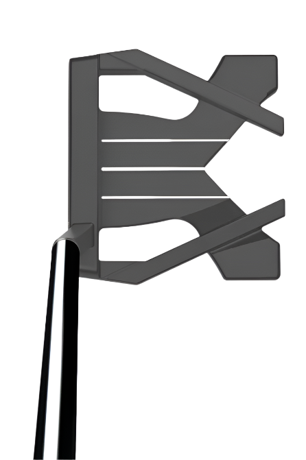 The Wilson 2024 Women's Infinite Buckingham Putter by Wilson features a modern black geometric design with cutouts, shown from above at an angle and attached to a shiny metallic shaft.