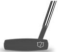A close-up of the Wilson 2024 Women's Infinite Buckingham Putter by Wilson, featuring a textured face, silver shield logo, and black-and-white striped shaft—highlighting its balanced design against a white background.