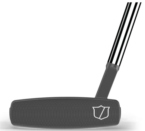 A close-up of the Wilson 2024 Women's Infinite Buckingham Putter by Wilson, featuring a textured face, silver shield logo, and black-and-white striped shaft—highlighting its balanced design against a white background.