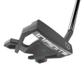 Close-up of the Wilson 2024 Women's Infinite Buckingham Putter by Wilson, featuring white INFINITE branding and blue accents on its modern, angular head with a forgiving design and a partially visible shaft.