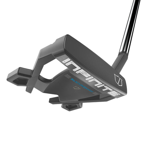 Close-up of the Wilson 2024 Women's Infinite Buckingham Putter by Wilson, featuring white INFINITE branding and blue accents on its modern, angular head with a forgiving design and a partially visible shaft.