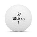The Wilson 2025 DUO Soft Golf Ball is white with a dimpled surface, featuring the Wilson logo and number 1 in black, and delivers an ultra-soft feel plus maximum distance on every shot.