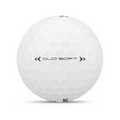 The Wilson 2025 DUO Soft Golf Ball, in white with dimples and DUO SOFT printed in black plus decorative black arrows, delivers an ultra-soft feel for maximum distance.