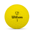 A yellow Wilson 2025 DUO Soft Golf Ball with a dimpled surface, Wilson logo, and black number 1 offers an ultra-soft feel and maximum distance, shown against a white background.