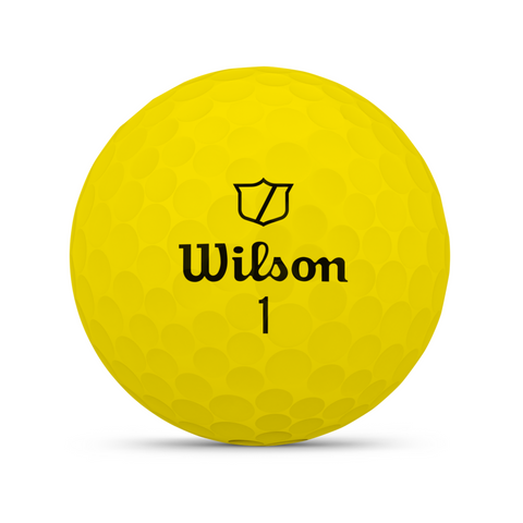 A yellow Wilson 2025 DUO Soft Golf Ball with a dimpled surface, Wilson logo, and black number 1 offers an ultra-soft feel and maximum distance, shown against a white background.