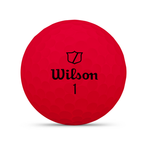 A red Wilson 2025 DUO Soft Golf Ball with a dimpled surface, displaying the Wilson logo and number 1 in black, is designed for an ultra-soft feel and maximum distance.