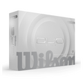 A white and silver box of Wilson 2025 DUO Soft Golf Balls with bold Wilson branding and DUO Soft text. The box holds 12 white balls engineered by Wilson for ultra-soft feel and maximum distance.
