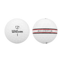 Two white Wilson 2025 DUO Soft TRK360 Golf Balls: one features the Wilson logo and number 1, while the other shows a black and red line with DUO SOFT encircled by chevrons for an ultra-soft feel and maximum distance.