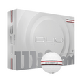 A box of Wilson 2025 DUO Soft TRK360 Golf Balls is shown with a white ball in front, displaying Wilsons branding and a red stripe. The gray and white packaging emphasizes the ultra-soft feel offered by these golf balls.