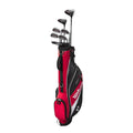A red, black, and white Wilson golf bag holds several junior clubs, standing upright on a white background to showcase the Wilson 2025 Deep Red Junior Set for ages 12-14.