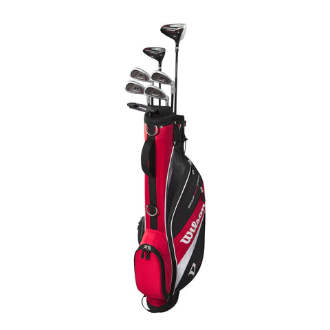 A red, black, and white Wilson golf bag holds several junior clubs, standing upright on a white background to showcase the Wilson 2025 Deep Red Junior Set for ages 12-14.