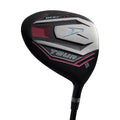 A close-up of the Wilson 2025 Deep Red Junior Set driver head shows Deep Red, Tour, and DR markings on a sleek black, red, and silver design—ideal for junior golfers ages 12-14.