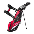 A red, black, and white Wilson golf bag with shoulder straps stands on its built-in legs, holding several clubs from the Wilson 2025 Deep Red Junior Set (12-14 Years).