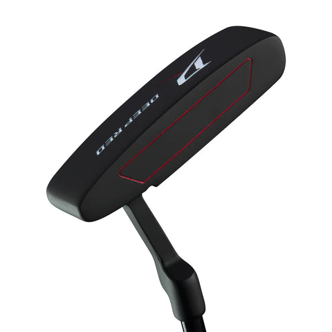 The Wilson 2025 Deep Red Junior Set (12-14 Years Red) features a sleek black putter with a red-lined striking face and DFP RED logo, angled shaft for confident strokes—perfect for junior golfers or teen golf sets.
