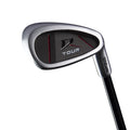 A close-up of a Wilson 2025 Deep Red Junior Set iron (12–14 Years Red) shows “TOUR” and a stylized D on the club head, with black and silver design, red accents, and sleek black shaft—ideal for junior golfers.