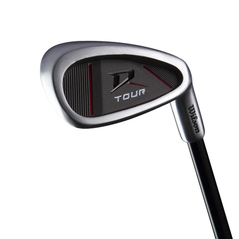 A close-up of a Wilson 2025 Deep Red Junior Set iron (12–14 Years Red) shows “TOUR” and a stylized D on the club head, with black and silver design, red accents, and sleek black shaft—ideal for junior golfers.