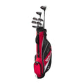 A red, black, and white Wilson golf bag holds several junior clubs, standing upright on a white background to showcase the Wilson 2025 Deep Red Junior Set for ages 12-14.