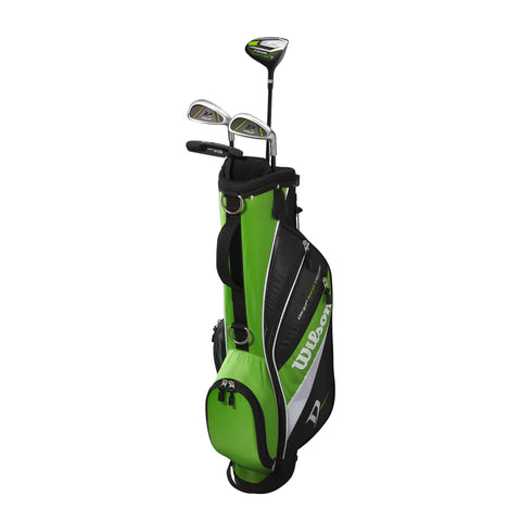 A green, black, and white Wilson golf bag stands upright, holding junior clubs with metal heads and black grips. The Wilson logo is visible, making it ideal for the Wilson 2025 Deep Red Junior Set - 5-8 Years Green.