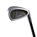 A close-up of a Wilson 2025 Deep Red Junior Set iron for ages 5-8, showing the stylish green accents, metallic finish, and D logo—ideal for young golf enthusiasts.