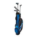 A blue and black Wilson 2025 Deep Red Junior Set golf bag for ages 9-12, containing drivers and irons, stands upright against a white background.