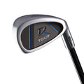 Close-up of a Wilson 2025 Deep Red Junior Set iron for ages 9-12 in blue, featuring D Tour branding, a silver and black head with blue accents, visible grooves, and the Wilson logo on the hosel.