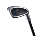 A close-up of the Wilson 2025 Deep Red Junior Set - 9-12 Years Blue iron, highlighting its black and silver clubhead with blue accents and TOUR marking—an excellent choice from Wilson for any kid’s golf set.