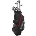 The Wilson 2025 Deep Red Tour Mens Package Set (+.5) includes a full golf club set with drivers, irons, putter, and a black/red bag featuring multiple zippered pockets and the Wilson logo—perfect for taller golfers.